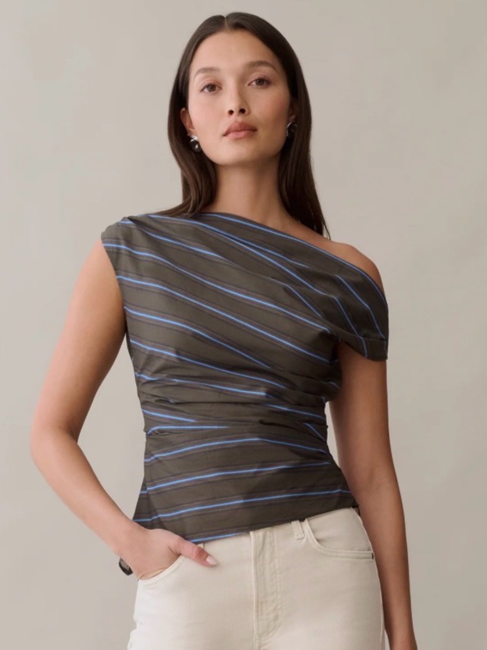 Tashi Cotton Asymmetrical One-Shoulder Striped Top in Olive with Blue